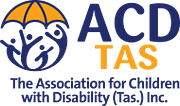Logo of the Association for Children with Disability (Tas.) Inc (Otherwise known as ACD Tas). Features an umbrella graphic with a stylised image of a parent and children underneath as a circle.