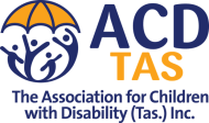 Logo of the Association for Children with Disability (Tas.) Inc (Otherwise known as ACD Tas). Features an umbrella graphic with a stylised image of a parent and children underneath as a circle.